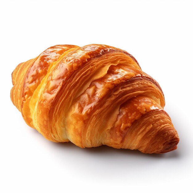 A croissant with a light brown crust and a white background.