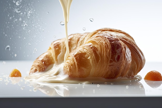 A croissant with milk being poured on it Generative AI