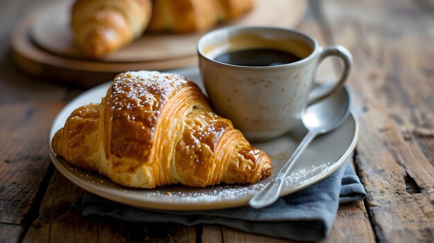 Photo croissant with one coffee on the table