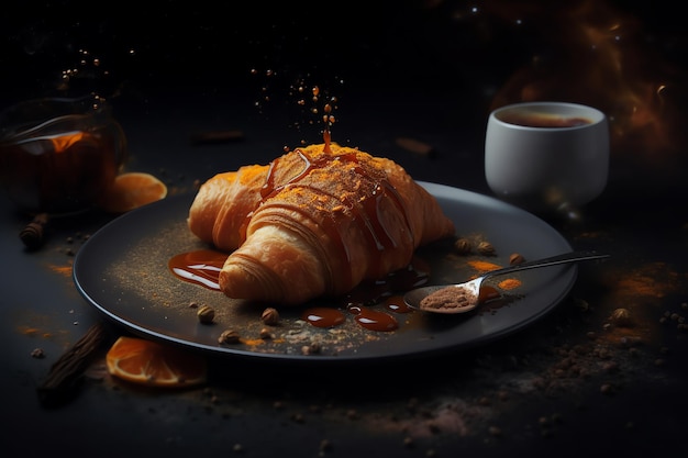 A croissant with orange juice and coffee on a plate