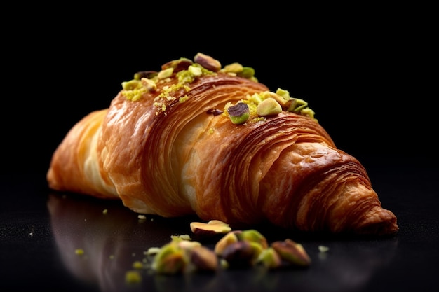 A croissant with pistachios on a black background