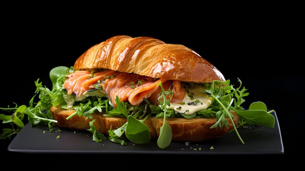 Croissant with salmon and lettuce leaves on a dark black background generative ai