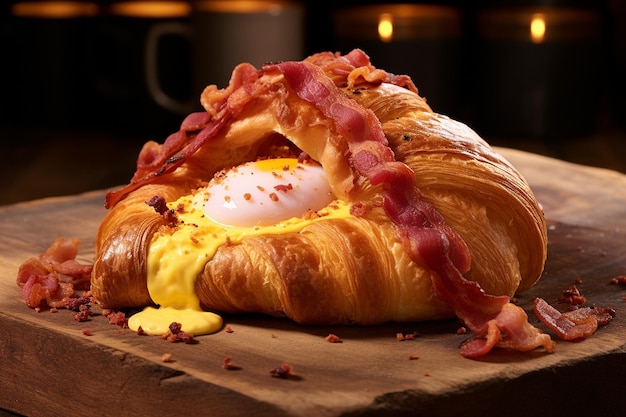 A croissant with a side of bacon and eggs