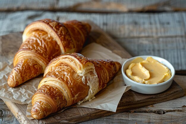 A croissant with a side of gourmet cheese spread