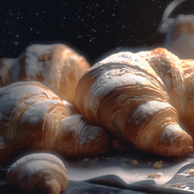 A croissant with white powdered sugar on it and a white container of coffee on the table.