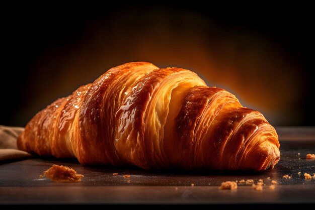 A croissant on a wooden table with a fire behind it