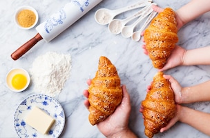 Croissants baking ingredients father and kids hand