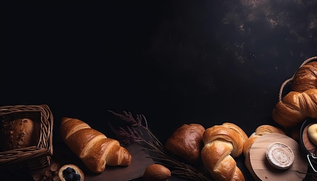 Croissants and bread frame with copy space Generative ai