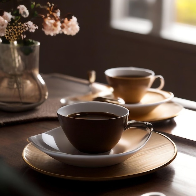 갈색 나무 테이블에 크루아산 커피와 커피 행복한 커피 날