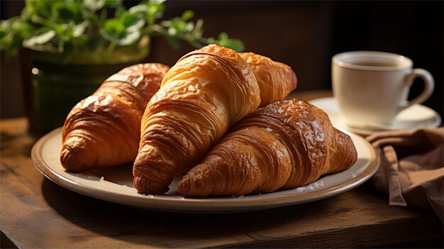 Photo croissants and coffee on a wooden table