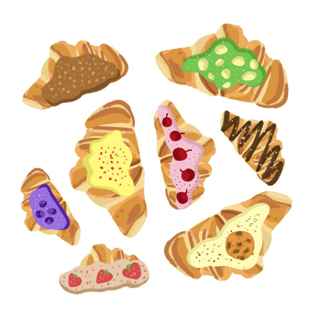 Croissants met verschillende toppings op een witte achtergrond