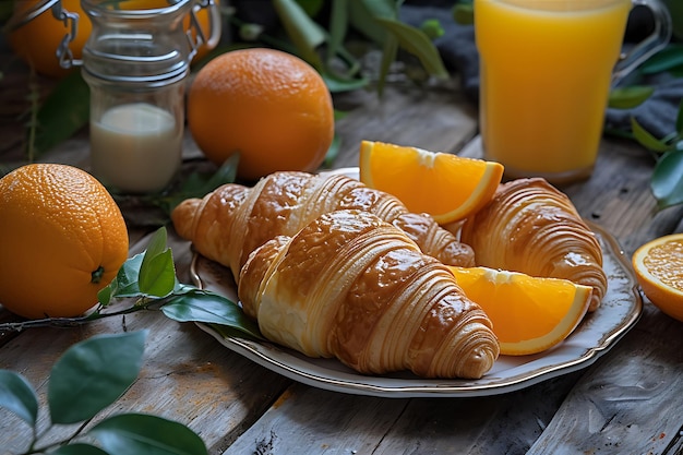 Croissants Oranges and Orange Juice on a Wooden Plank