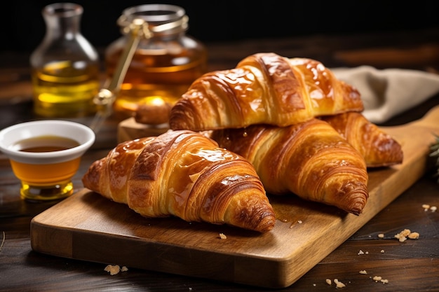 Croissants and a rustic loaf of bread on a cutting board