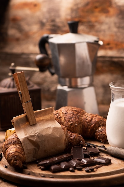 Croissants on a rustic wooden table