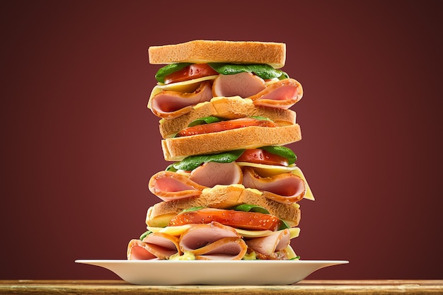 나무 커팅 보드에 있는 크루아상 샌드위치는 전면 크루아상 샌드위치에 선택적으로 초점을 맞춥니다.