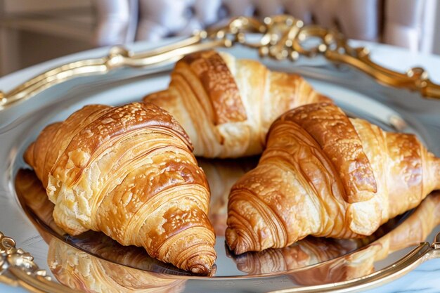Croissants and a set of silk dining chairs for a luxurious breakfast