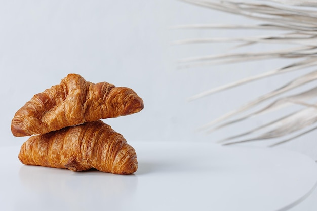 Croissants on a white background to the left with space for\
text culinary breakfast background