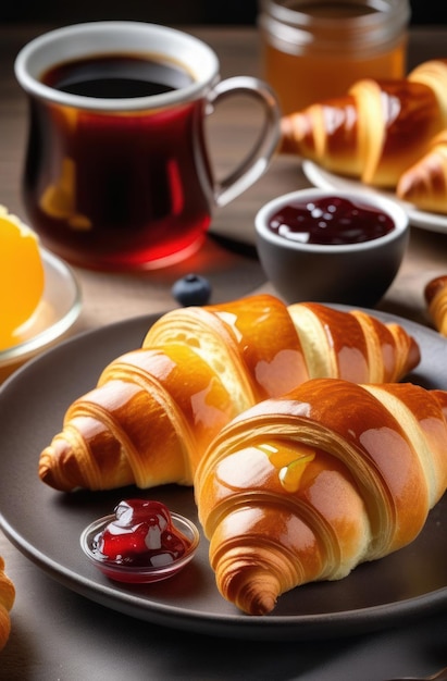 Croissants with berry jam butter honey and cup of coffee French dessert Vertical orientation