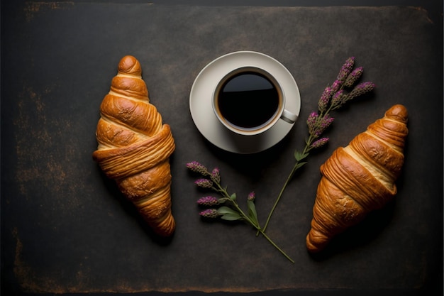 Croissants with coffee Top view