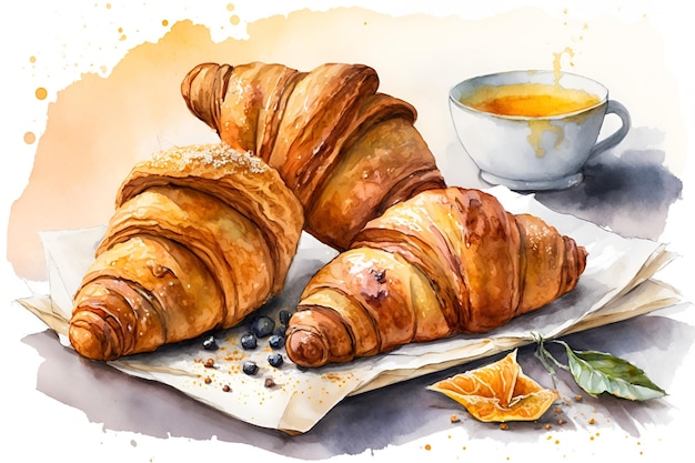 Croissants with coffee watercolor Generative AI 6