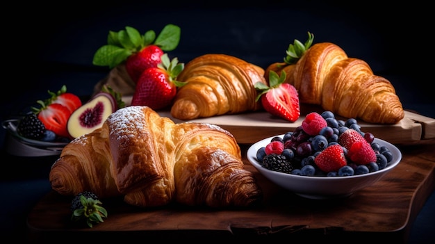 Croissants with fresh berries on a wooden table