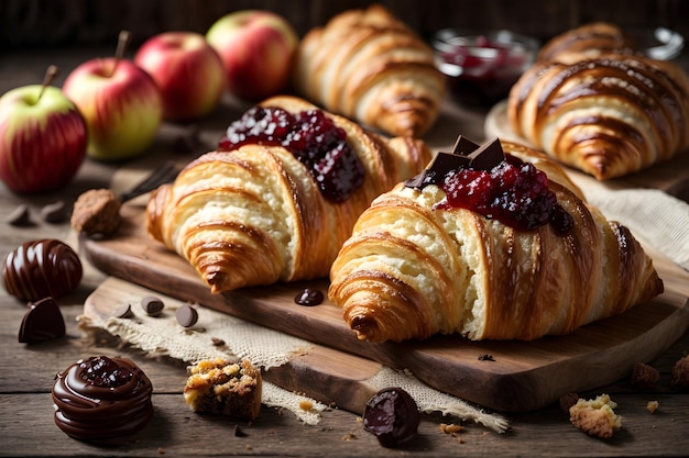 Croissants with jam chocolate and apple sweet pastry's top view