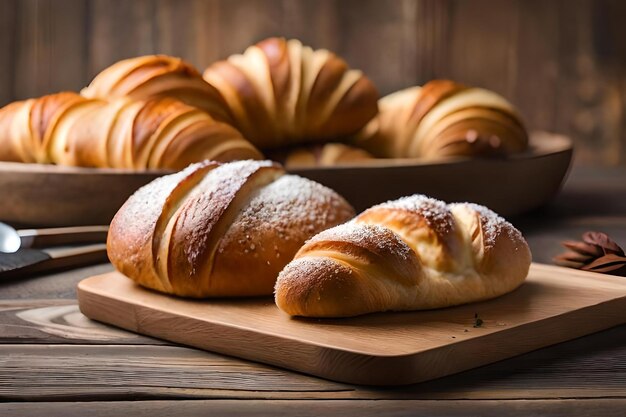 Croissants with powdered sugar on a wooden board