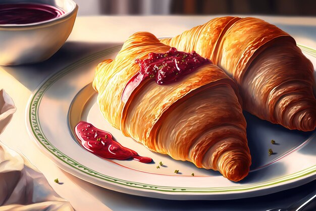 Croissants with strawberry jam inside close up on a white dish