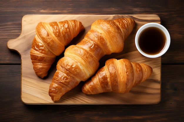 Круассанты деревянные досковые чашки кофе завтрак сцена свежие выпеченные выпечки