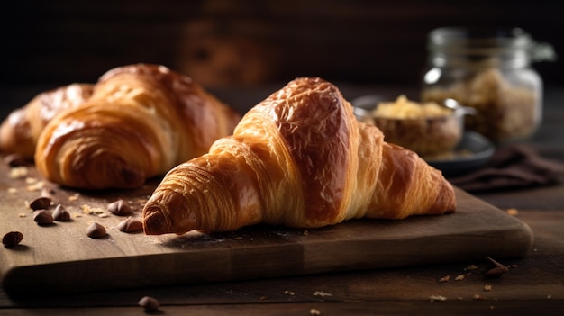 Croissants on a wooden cutting board with butter and butter