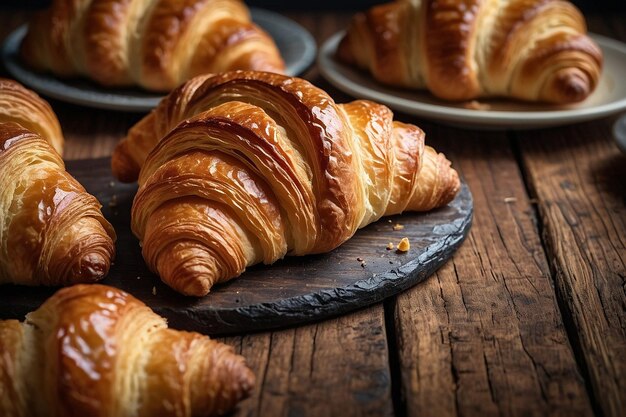 Photo croissants on wooden plank