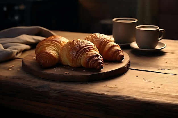 Croissants on wooden table in the morning