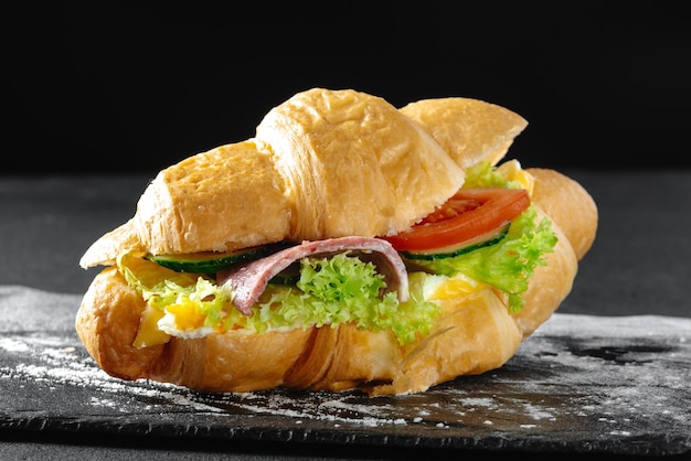 Croissantsandwich met worst op een donkere achtergrond