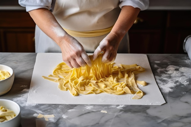 キッチンの大理石のカウンターで伝統的なイタリアの巻きたてのタリアテッレ パスタを準備する匿名の女性料理人を切り取る