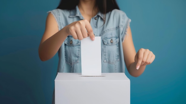 Photo crop anonymous person putting the vote in ballot box against colorful blurred background