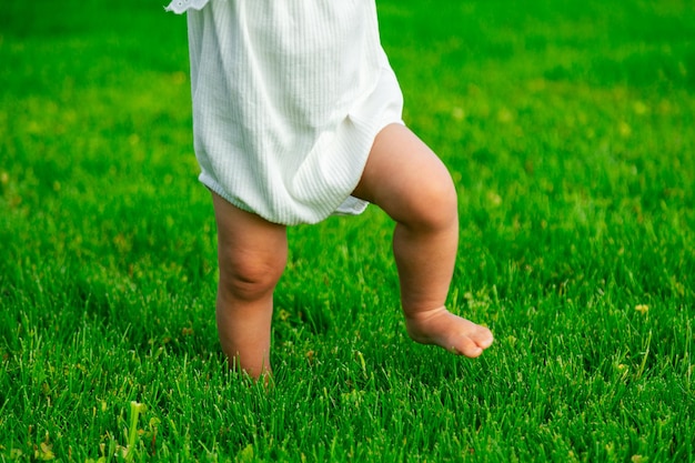 芝生で最初の一歩を踏み出すことを学ぶ裸足の赤ちゃんの作物の接写