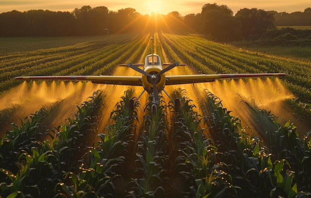 Crop duster sprays agricultural chemicals over field of vegetation at sunset