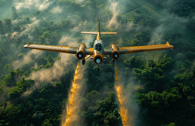 Photo crop duster sprays field of vegetation