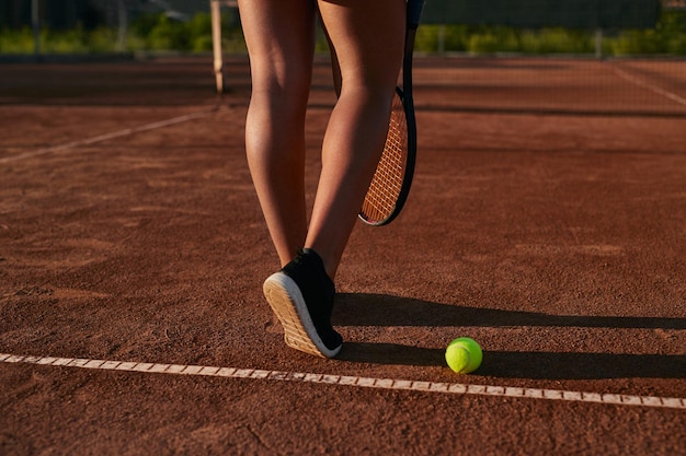 スポーツコートで女子テニス選手を収穫する
