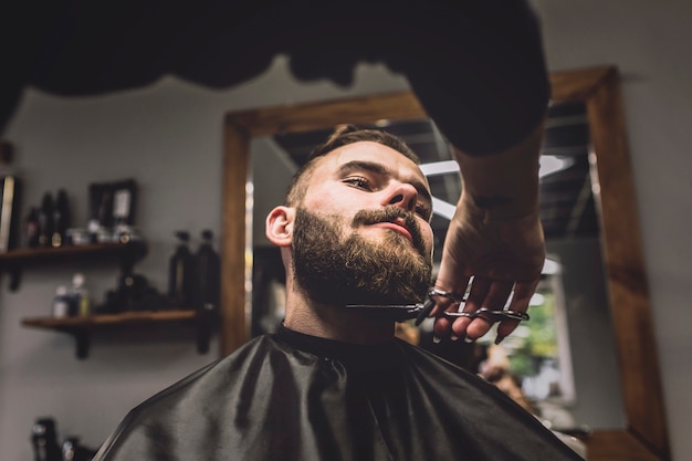 Crop hairdresser grooming handsome man