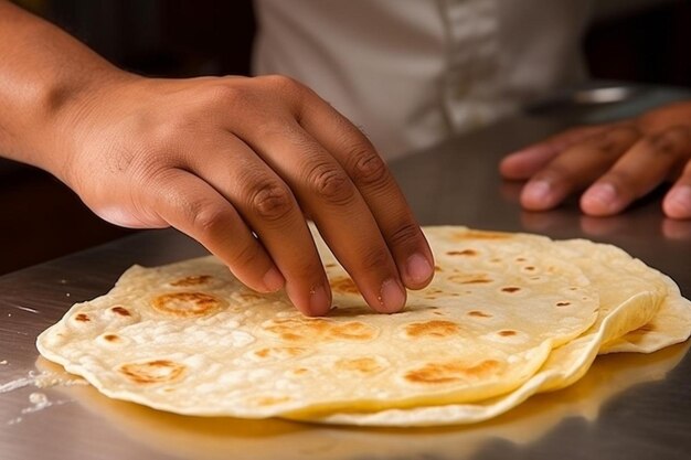 Foto crop hand con tortilla su cibo messicano