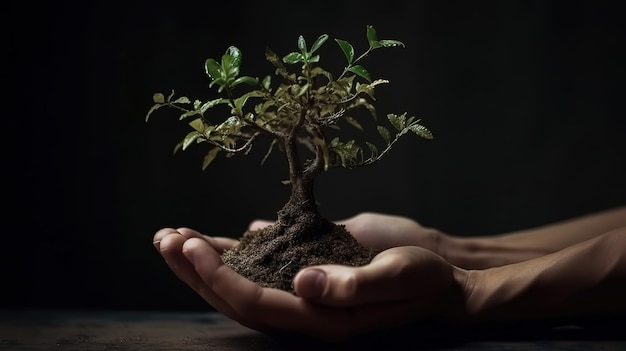 Crop hands holding growing plant Generative Ai