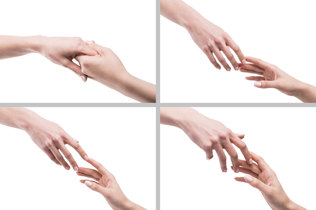 Photo crop hands reaching each other on white