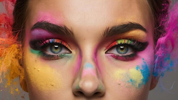 Crop image of female eyes with colorful powder make up looking