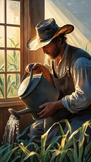 Crop man pouring water near window