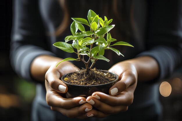 Crop person with plant in hands