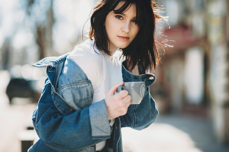 Photo 潮流的年輕棕色女人拿着杯子和触摸头发站着向前倾斜,在模糊的街道上看着摄像机