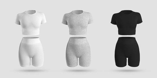 Photo crop top cycling shorts compression suit in white black gray heather isolated on background