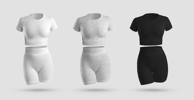 Crop top cycling shorts compression suit in white black gray heather isolated on background