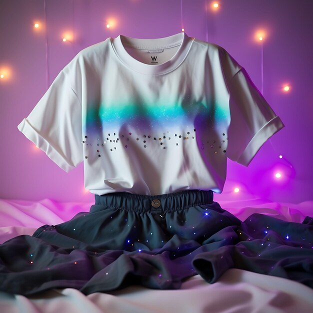 Crop top galaxy night sky scene with moon and shooting star clean blank white photoshoot tee